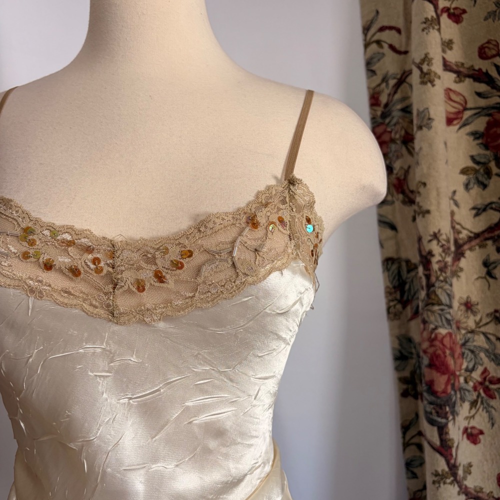 No Boundaries Cream Ivory Satin Crinkle Camisole with gold sequin detailing - Picture 3 of 16